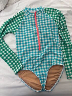 Crewcuts Girls Aqua & Green Gingham Long-Sleeve Rashguard with Pink Zip